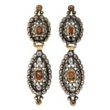 Catalan long silver earrings, 19th Century 14K gold with silver, cushion, oval round and carré cut