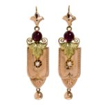 Alfonsino period gold earrings, circa 1870 14K pink gold, seed pearls and faux rubies. Later