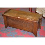 An oak bedding chest, stepped plank hing