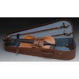 A 19th century violin, 36cm two-piece back, double purfling, 57cm overall; a Golden Strad bow;
