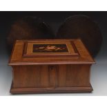 A 19th century walnut and marquetry table top polyphon, playing 40cm discs, hinged cover inlaid with