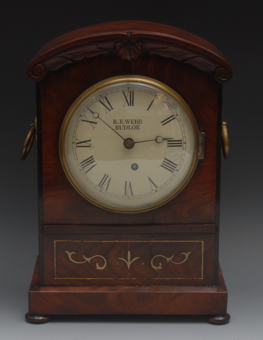 A Victorian mahogany and brass marquetry bracket timepiece, 15cm painted dial inscribed R E Webb/