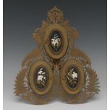 A Victorian brass triple photograph frame, the hinged covers set with with oval Ashford marble