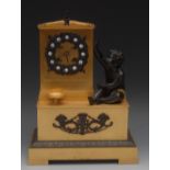 A French Empire bronze, ormolu and brass mantel clock, 10cm dial, Arabic numerals, the eight day
