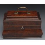 A George III mahogany bombe shaped tea caddy, hinged cover with brass swan neck handle, enclosing