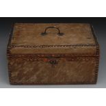 A George III rectangular pony skin document box, hinged cover with brass swan neck handle, studded