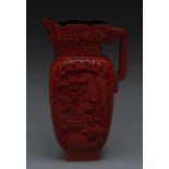 A Chinese cinnabar and lacquer jug, carv