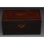 A George III mahogany rectangular tea caddy, hinged cover inlaid with a navette shaped patera,