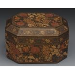 A Persian lacquer canted rectangular box and cover, profusely decorated with dense stylised flowers,