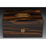 A Victorian coromandel rectangular work box, flush gilt metal handle, shield shaped escutcheon,