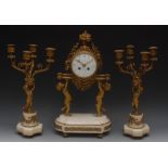 A Louis XVI style marble and gilt metal clock garniture, the clock with 11cm white enamel dial,