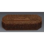 A 19th century century Anglo-Indian hardwood lozenge shaped table box, profusely relief carved
