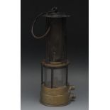 Coal Mining History - a 19th century Clanny type miner's lamp, slightly domed steel canopy above a