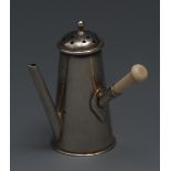 A Victorian silver novelty pepper, as a Queen Anne coffee pot, domed pierced cover, turned ivory