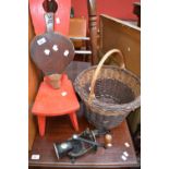 Kithchenalia - a Spong & Co Ltd. mincer; bellows; wicker basket; red child's seat (4)