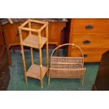 A bamboo plant stand; a bamboo and wickerwork magazine rack; another magazine rack. (3)