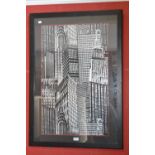 Modern art - The Empire State Building, silver tone silk screen print, 80cm x 50cm;  P J Dolman,