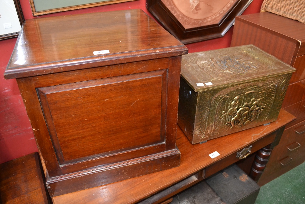 A mahogany box and a brass coal box