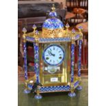 A late 20th century cloisonné and gilt brass mantel clock, the 9.5cm diam white enamel dial painted