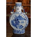 A Chinese moon flask, painted in underglaze blue with a house, boats and mountain, ruyi to