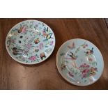 Two celadon plates decorated with brightly coloured fauna and flora.