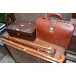 Gentleman's Accessories - a Victorian rectangular writing slope, a horn handle walking stick;