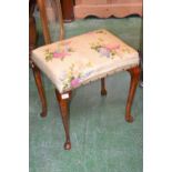 A Lloyd Loom linen basket stool; a mahogany stool cabriole supports, club feet; a circular pine