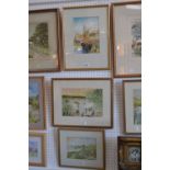 Pictures- Swans and Cygnets; Moored Fishing Boat; Boat Sailing; Coastal Ruin, 
signed, watercolours