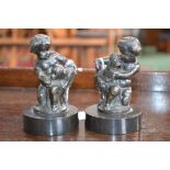 French School (19th century), a pair of dark patinated bronzes, putti with a cockerel and a goat,