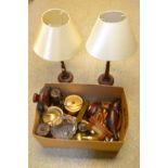 Wooden & metalware- treen biscuit barrels, miners lamps, lamp boxes, copper and brass, Salter's