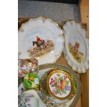 Ceramics - a pair of Royal Crown Derby wavy rim plates, decorated with hunting scenes, green