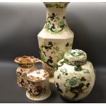 Masons Ironstone - a Green Chartruse shaped rectangular vase, a jar and cover,  a Brown Velvet