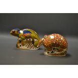 A Royal Crown Derby paperweight, Armadillo, gold stopper, boxed; another, Chameleon, gold stopper,
