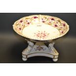 A Bloor Derby comport, circular top painted with puce and gilt leaves, tri form tree trunk