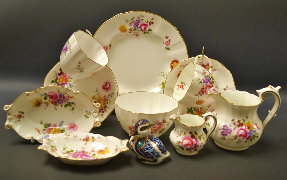 A Royal Crown Derby paperweight, sitting duckling ;Derby posies ware including cups and saucers,