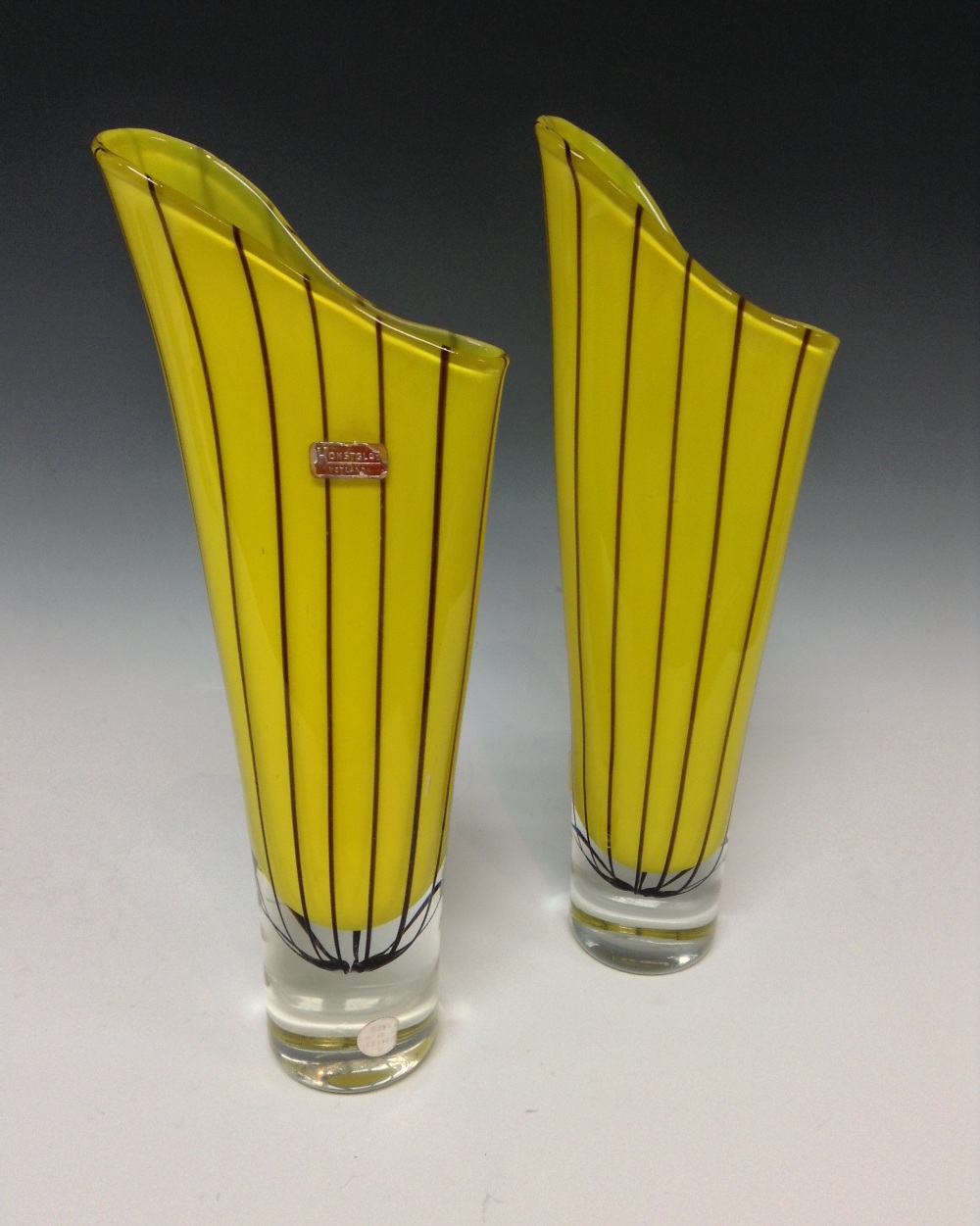 A pair of 20th century yellow Swedish glass Kunst vases with brown strips,