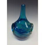 A Mdina blue and yellow ovoid glass bottle vase, slender neck, moulded sides, signed Mdina, 20cm