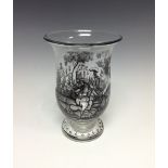 A Bohemian glass vase, the shaped bowl enamelled with a hunting scene, thick rimmed stem, circular