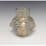 A late 19th century Austrian peach iridescent ribbed glass vase, with enamel flowers and insects,