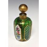 A Bohemian green glass cylindrical scent bottle and stopper,