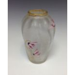 A Legras Mont Joye dimple ovoid vase, frosted glass with enamel cylamen in tones of pink and mauve,