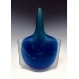 A Mdina studio glass fish vase of axehead shape, frosted blue with internal webbing, signed Mdina,