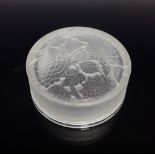 A Lalique Meudan powder bowl and cover, frosted glass engraved with flowering foliage, moulded mark