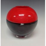 A 20th century Venini red and black globular footed glass vase, signed Venini TW 86,