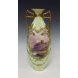 A Royal Doulton Named View two-handled vase, Bambor'o Castle, signed, within a gilt cartouche of