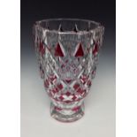 A large Val St Lambert spreading circular glass vase, red flashed dart cut, signed Val St Lambert,