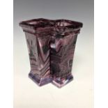 A pressed glass purple malachite two-section vase, possibly by Davidson, decorated in relief with