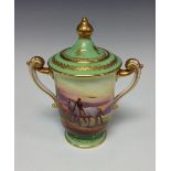 A Royal Doulton two-handled cabinet vase and cover, painted with a farmer astride a working horse