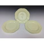 A set of three Sowerby Queen's Ivory Ware pressed glass plates,