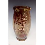 A circular Gallè smoky quartz glass vase, enamelled with horse chestnut in blossom, flecked with